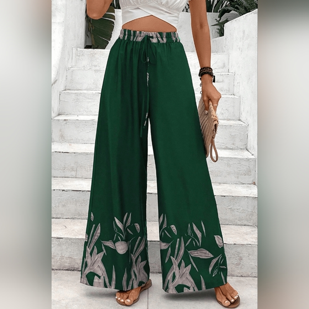 Green Wide-Leg High Waist Floral Pants